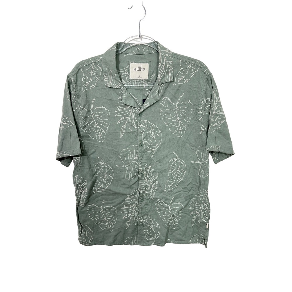 Hollister Button Down Shirt‎ Mens L Green Embroidered Tropical Leaf Linen Blend